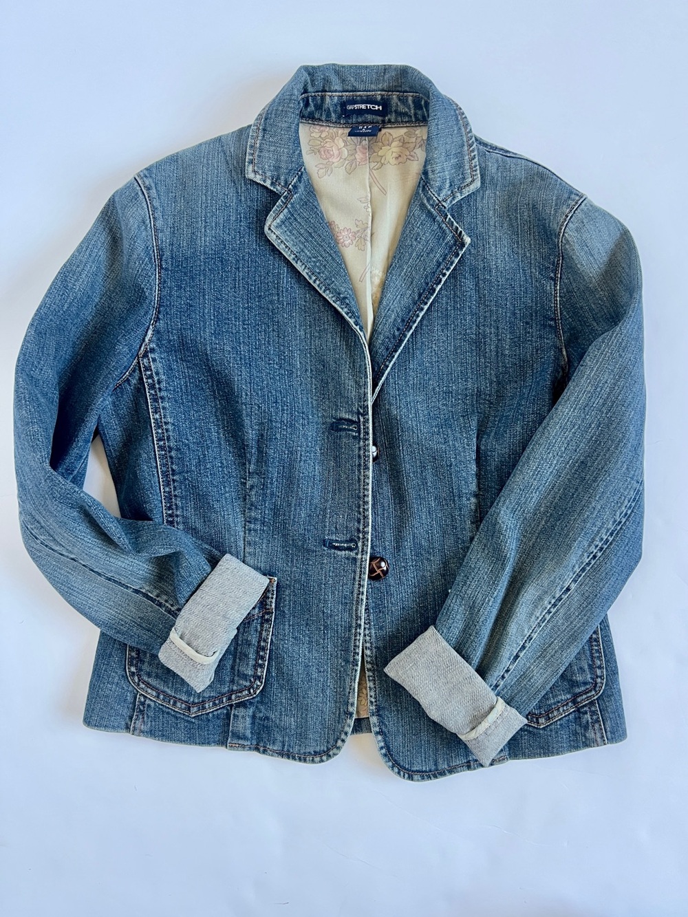 Y2K Gap Stretch Denim Blazer Womens 6 Floral Lined 2 Button Jean Jacket